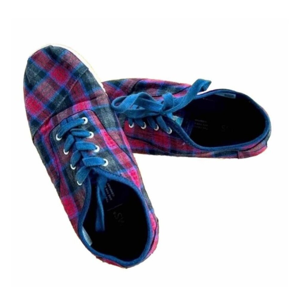 Toms Dark Red Blue Plaid Low Top Lace Up Platform - Womens US 6.5 - Great Shape
